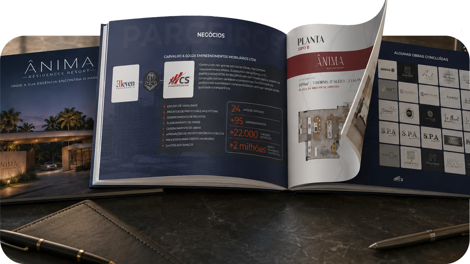 Book do investidor do empreendimento Ânima Residence Resort, aberto em páginas de negócios e planta