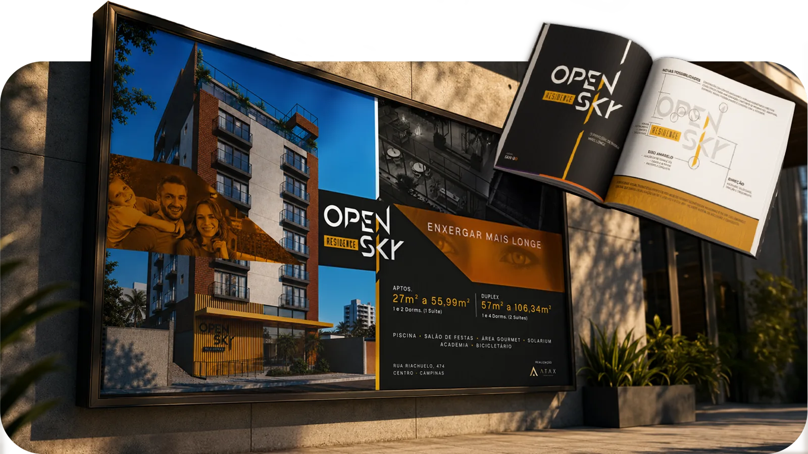 Key visual do lançamento Open Sky Residence aplicado em outdoor e no book do empreendimento